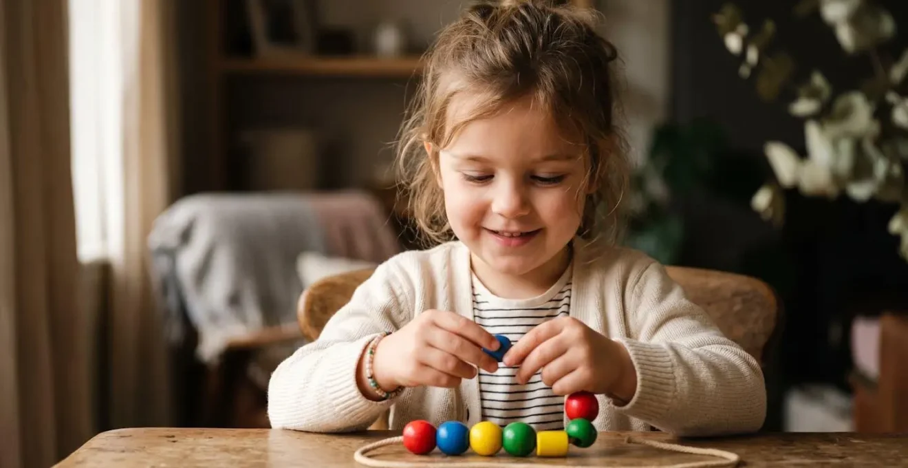 Portrait rapproché d'un jeune enfant concentré et souriant en train d'enfiler des perles colorées sur un fil, dans une atmosphère ludique et bienveillante à la maison