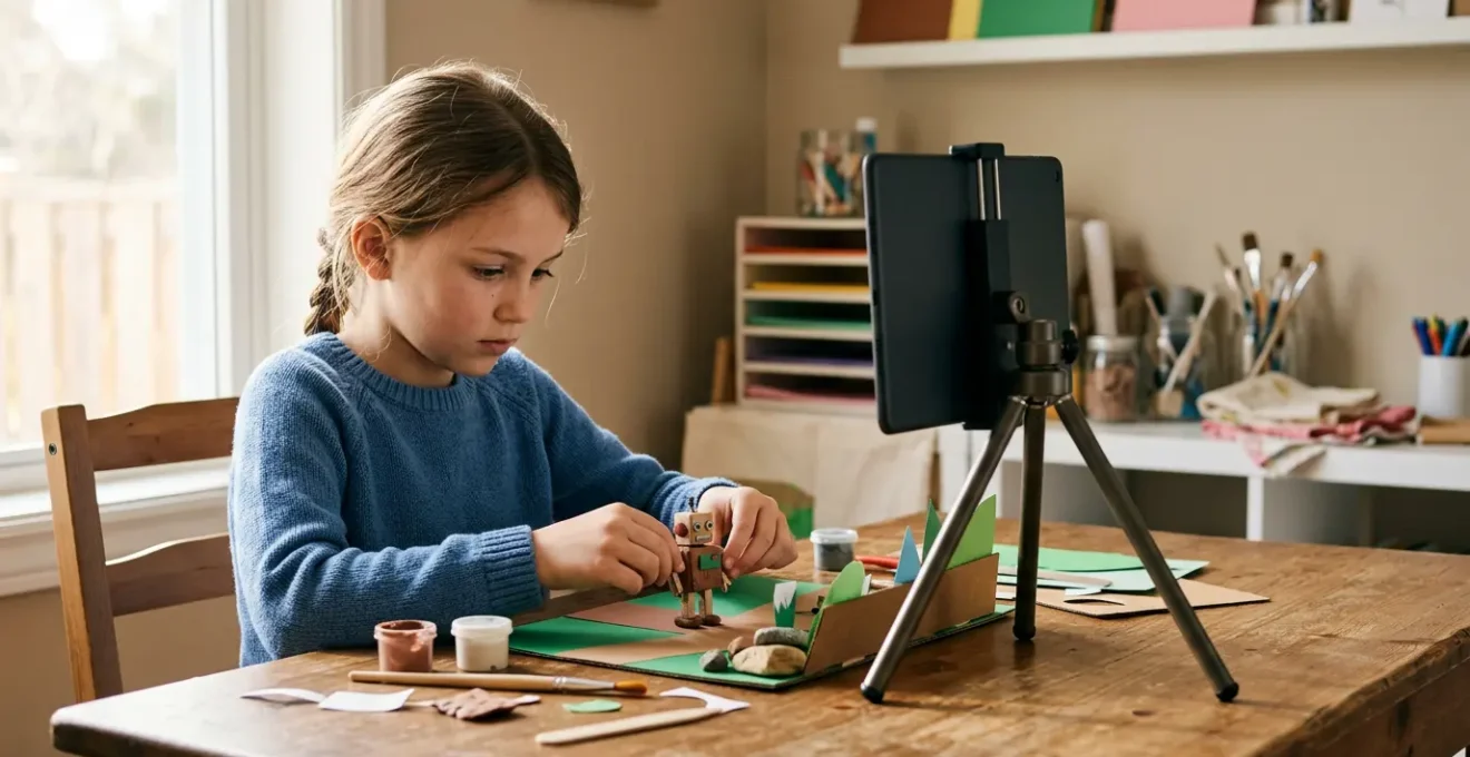 Enfant concentré réalisant un film en stop motion avec des jouets et une tablette dans un espace créatif lumineux
