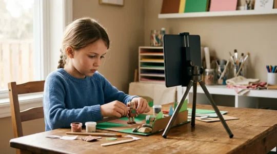 Enfant concentré réalisant un film en stop motion avec des jouets et une tablette dans un espace créatif lumineux