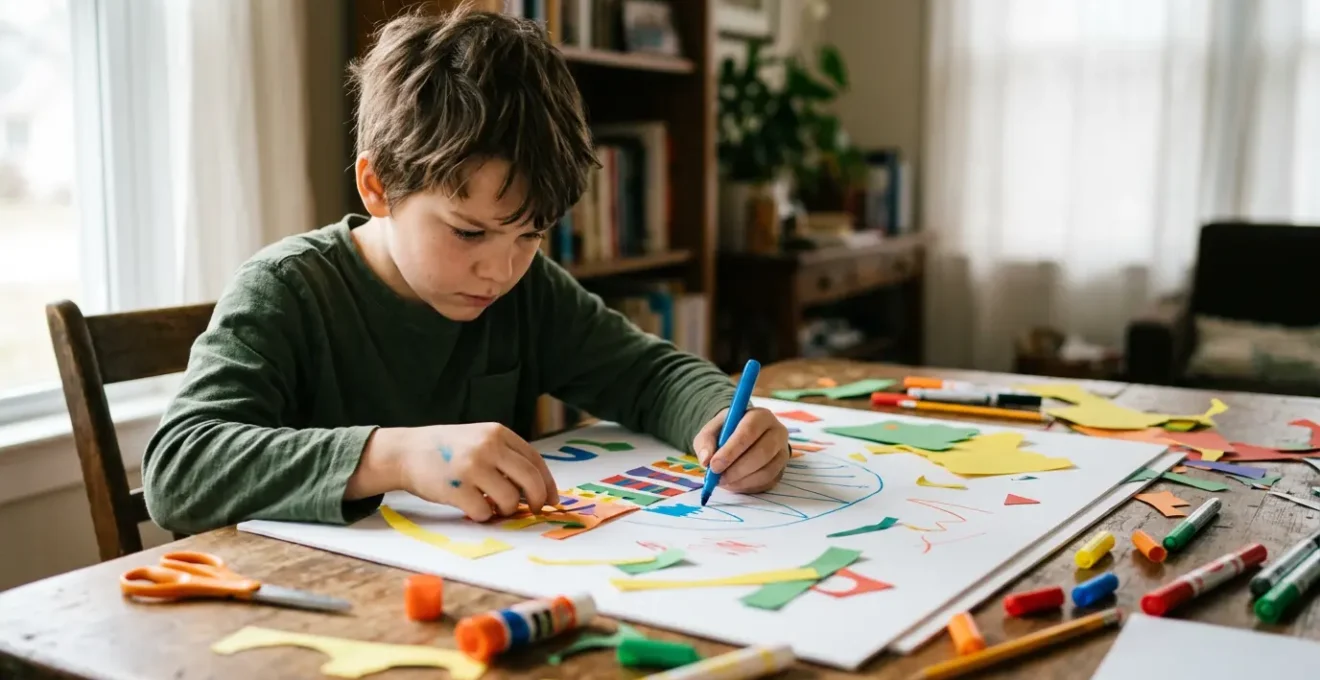 Enfant concentré créant une affiche colorée avec des marqueurs et des lettres décoratives pour un projet scolaire