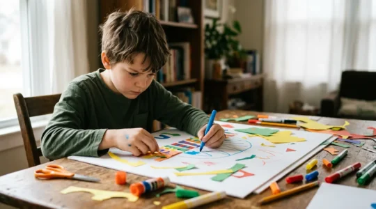 Enfant concentré créant une affiche colorée avec des marqueurs et des lettres décoratives pour un projet scolaire