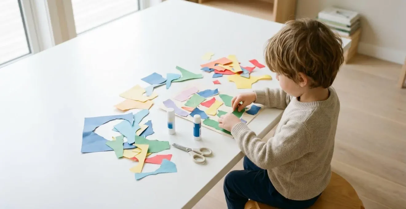 Enfant créant un collage original avec des papiers colorés découpés et des ciseaux sur une table