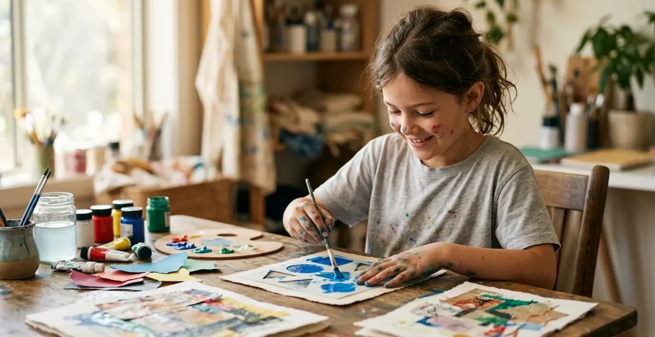 Enfant concentré explorant librement peinture, collage et pochoir sur une grande feuille