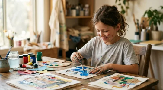 Enfant concentré explorant librement peinture, collage et pochoir sur une grande feuille