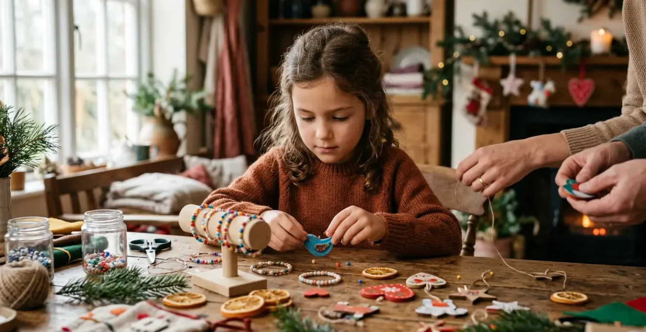 Enfant préparant ses créations artisanales pour le marché de Noël dans un atelier familial chaleureux