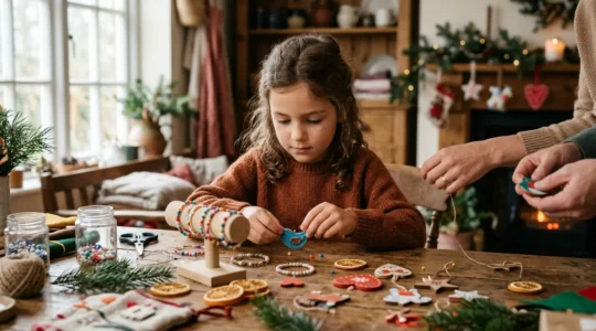 Enfant préparant ses créations artisanales pour le marché de Noël dans un atelier familial chaleureux