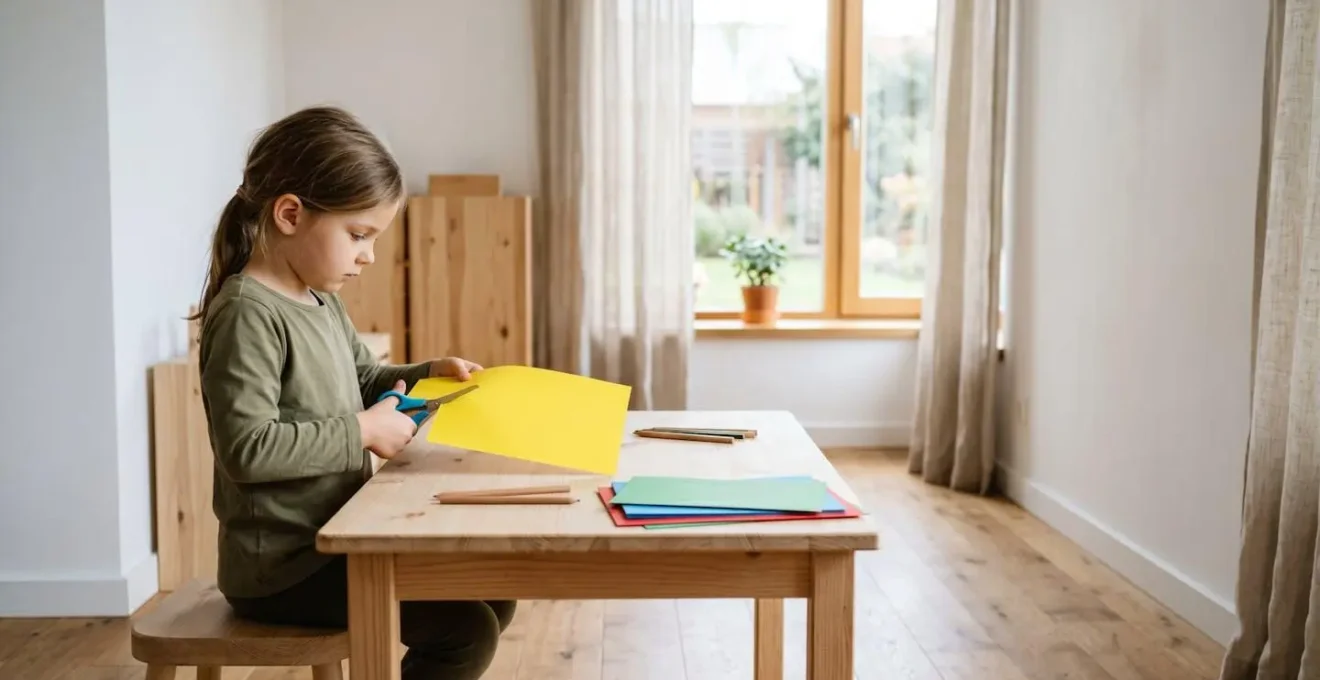 Enfant découpant soigneusement une ligne droite sur du papier coloré avec des ciseaux