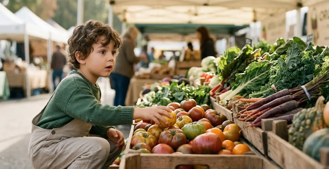 Enfant curieux explorant des légumes frais colorés sur un étal de marché