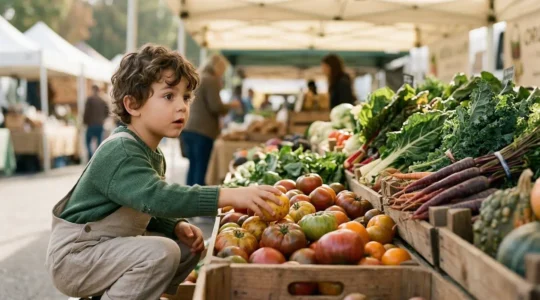 Enfant curieux explorant des légumes frais colorés sur un étal de marché
