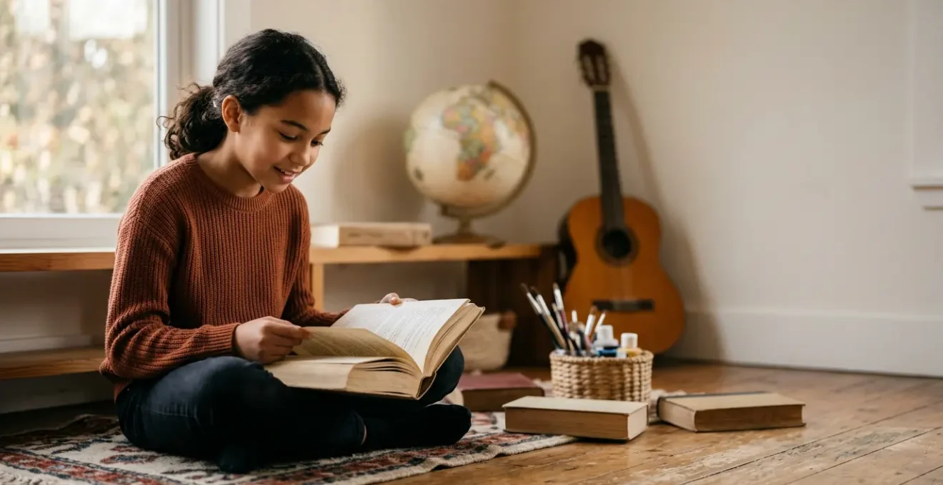 Jeune collégien découvrant un livre entouré d'objets symbolisant la culture générale et l'apprentissage