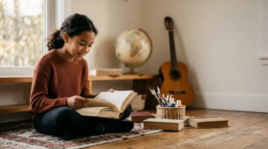 Jeune collégien découvrant un livre entouré d'objets symbolisant la culture générale et l'apprentissage