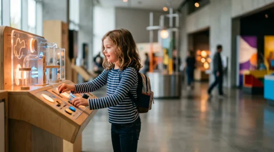 Enfant manipulant une experience scientifique interactive dans un musee des sciences