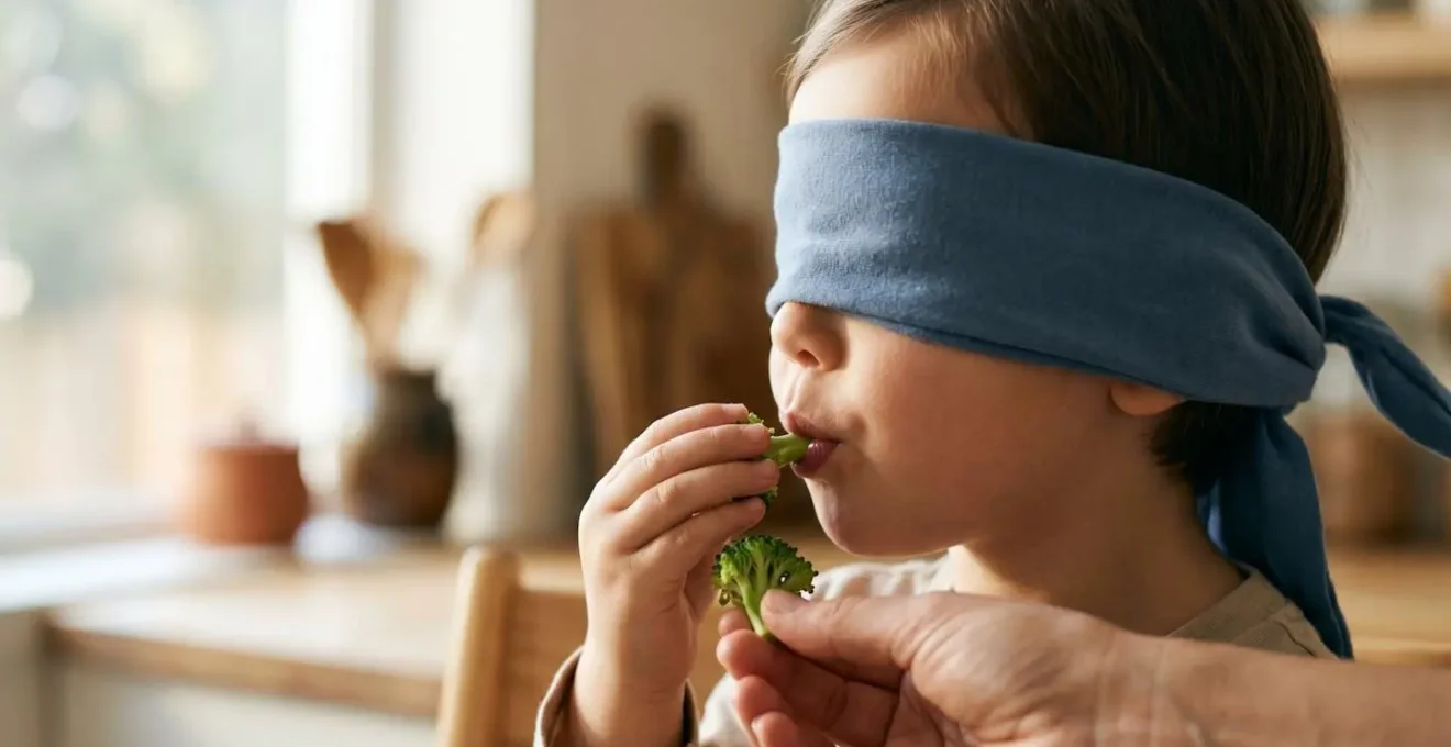 Enfant souriant les yeux bandés goûtant un légume vert lors d'un jeu de dégustation sensorielle