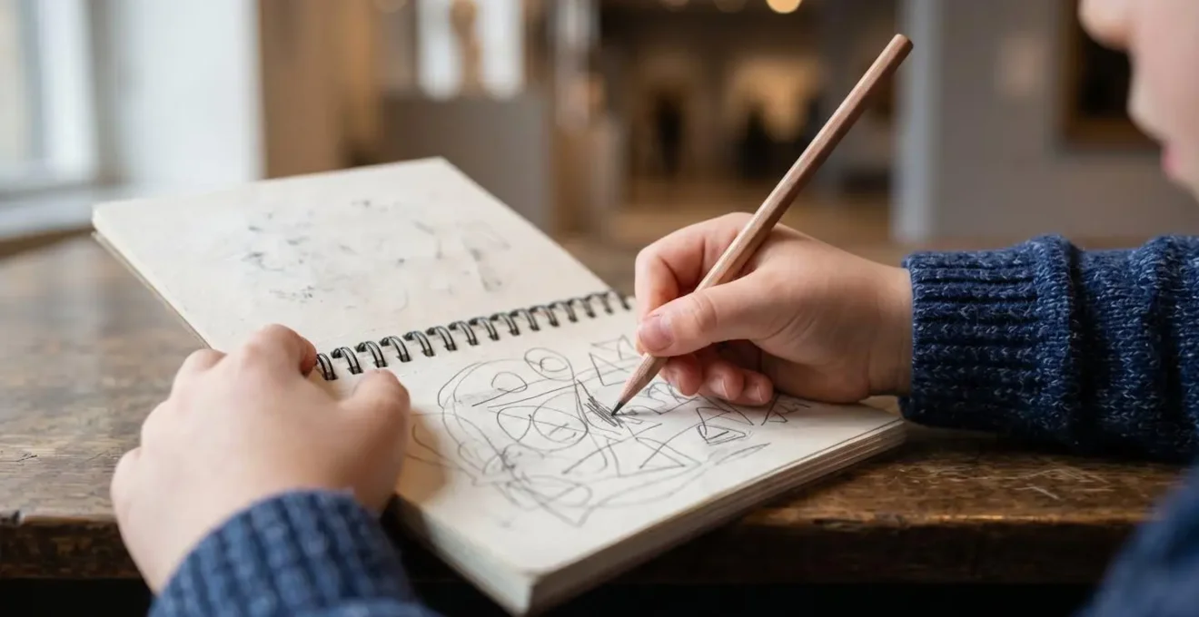 Mains d'enfant dessinant un croquis rapide dans un carnet au musée