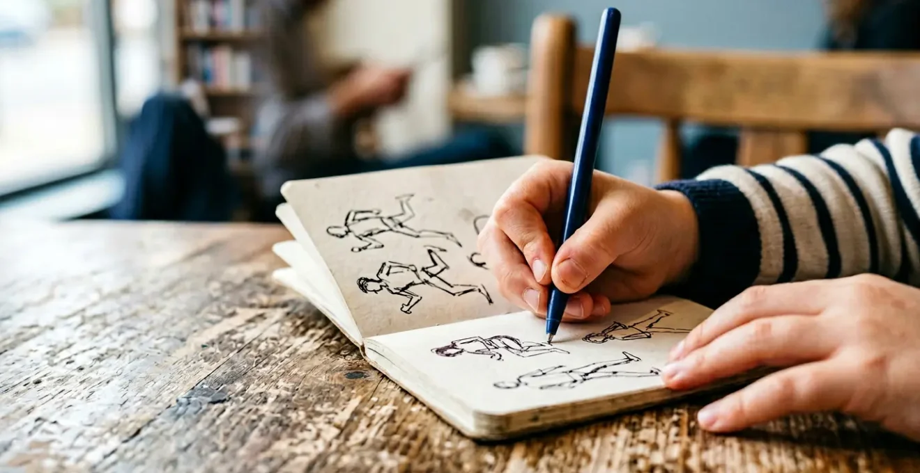 Enfant concentré réalisant un croquis rapide au stylo sur carnet avec fluidité et spontanéité