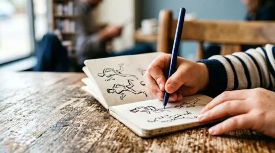 Enfant concentré réalisant un croquis rapide au stylo sur carnet avec fluidité et spontanéité