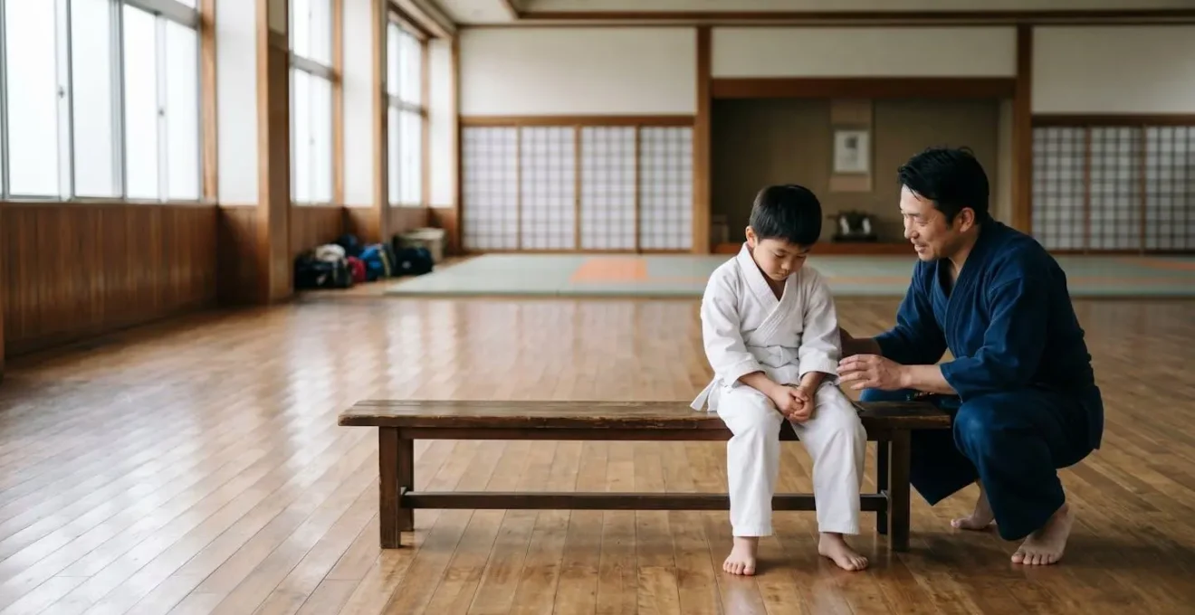 Enfant en tenue de karaté assis sur un banc dans un dojo, regard pensif, avec un enseignant à ses côtés en posture d'écoute bienveillante