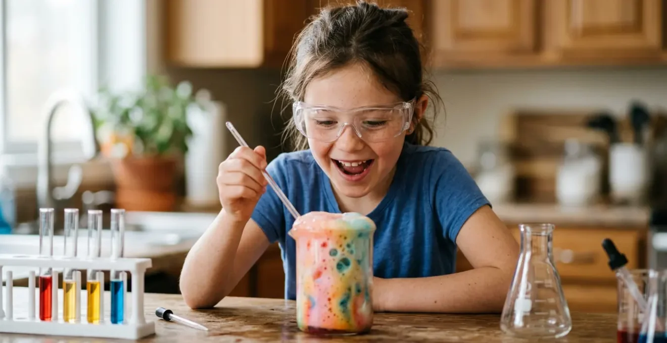 Enfant portant des lunettes de protection réalisant une expérience scientifique spectaculaire avec réaction effervescente
