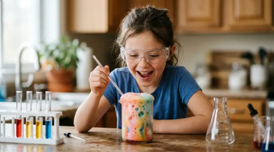 Enfant portant des lunettes de protection réalisant une expérience scientifique spectaculaire avec réaction effervescente