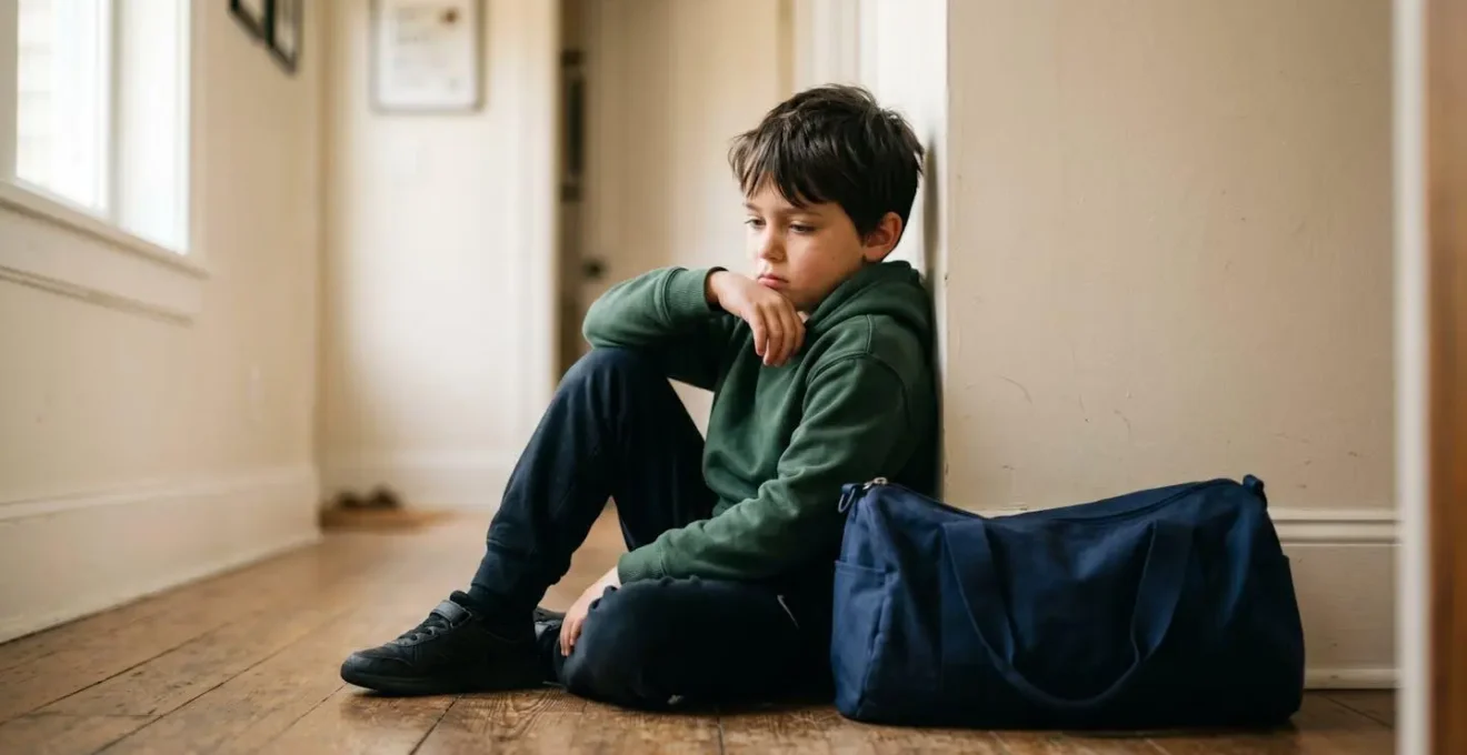 Enfant assis sur le sol d'un couloir avec son sac de sport, expression de lassitude, lumière naturelle douce
