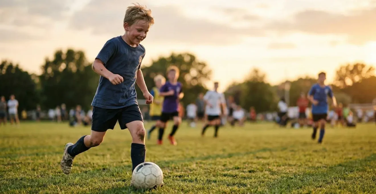 Jeune footballeur sur un terrain, concentré sur son jeu, illustrant l'apprentissage des valeurs sociales par le sport