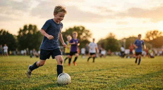 Jeune footballeur sur un terrain, concentré sur son jeu, illustrant l'apprentissage des valeurs sociales par le sport