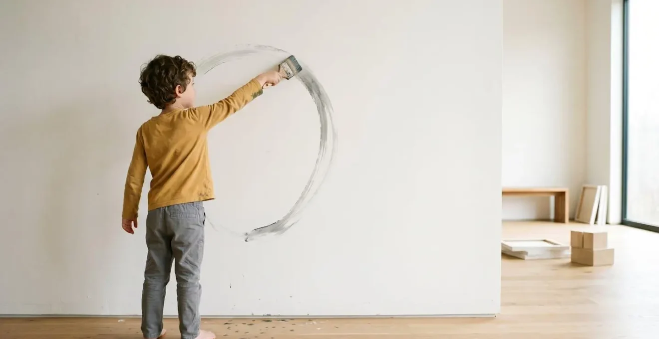 Vue large d'un enfant debout devant un grand tableau ou mur, bras étendu en train de tracer de grands mouvements circulaires avec tout le bras, dans un espace lumineux et épuré