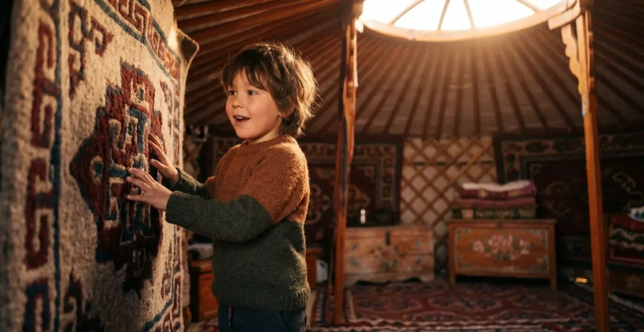 Enfant de 7 ans émerveillé découvrant l'intérieur chaleureux d'une yourte au coucher du soleil