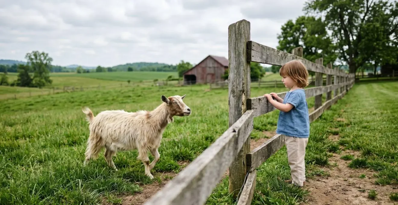 Enfant se tenant calmement près d'une clôture en bois pendant qu'une chèvre s'approche volontairement