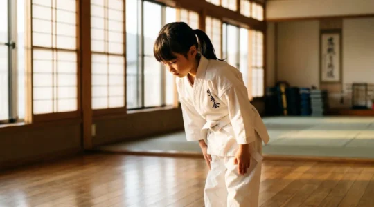 Enfant en kimono blanc effectuant le salut traditionnel dans un dojo de karaté