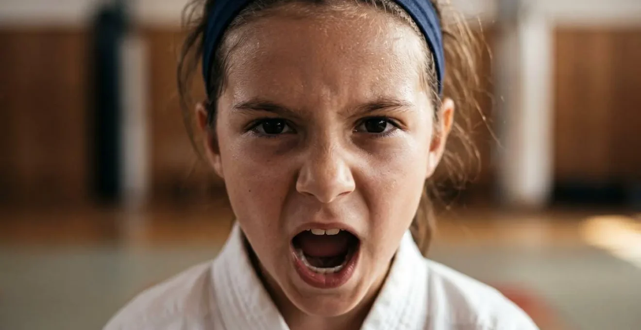 Gros plan sur un enfant exécutant un Kiai lors d'une technique de karaté avec expression intense et concentrée