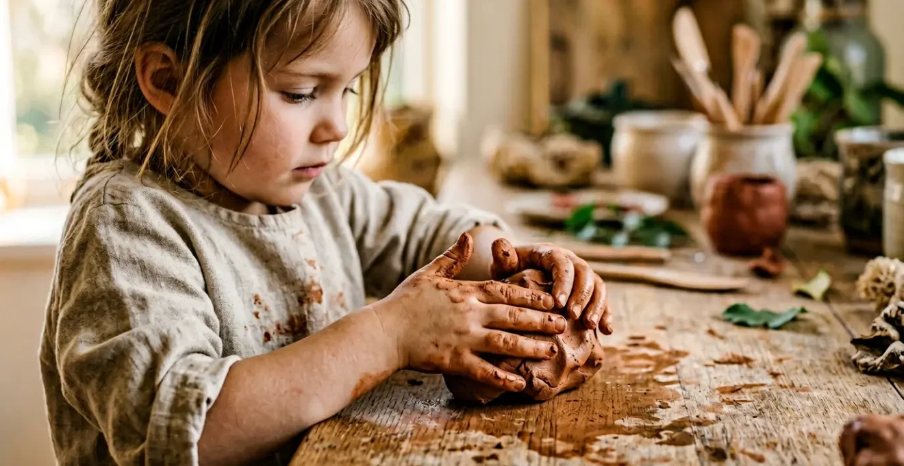 Mains d'enfant modelant de l'argile naturelle lors d'une exploration sensorielle apaisante
