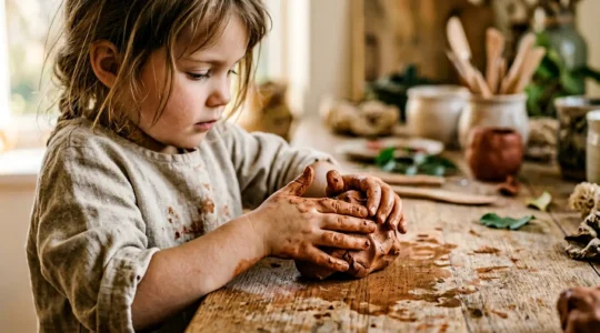 Mains d'enfant modelant de l'argile naturelle lors d'une exploration sensorielle apaisante
