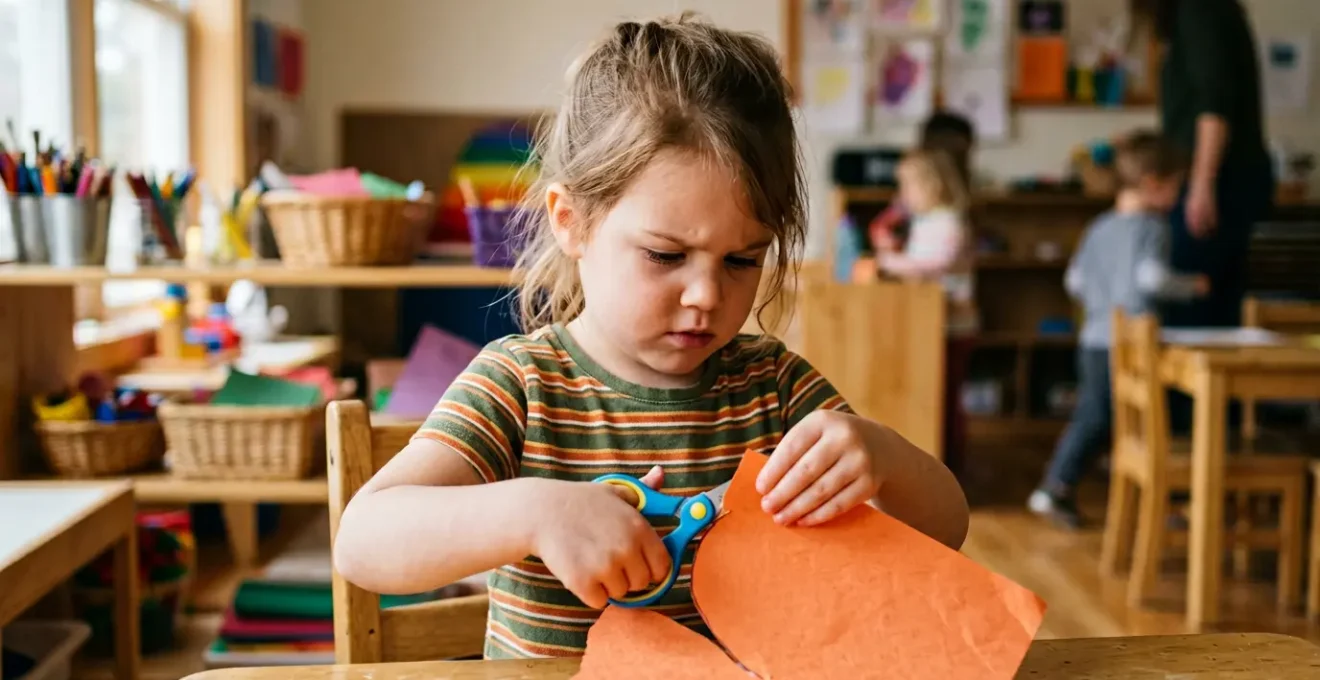 Enfant en maternelle apprenant à utiliser des ciseaux en toute sécurité avec concentration et posture adaptée