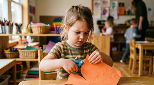 Enfant en maternelle apprenant à utiliser des ciseaux en toute sécurité avec concentration et posture adaptée