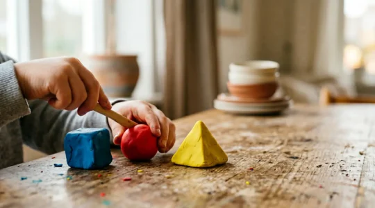 Mains d'enfant créant des formes géométriques colorées avec de la pâte à modeler sur une table lumineuse