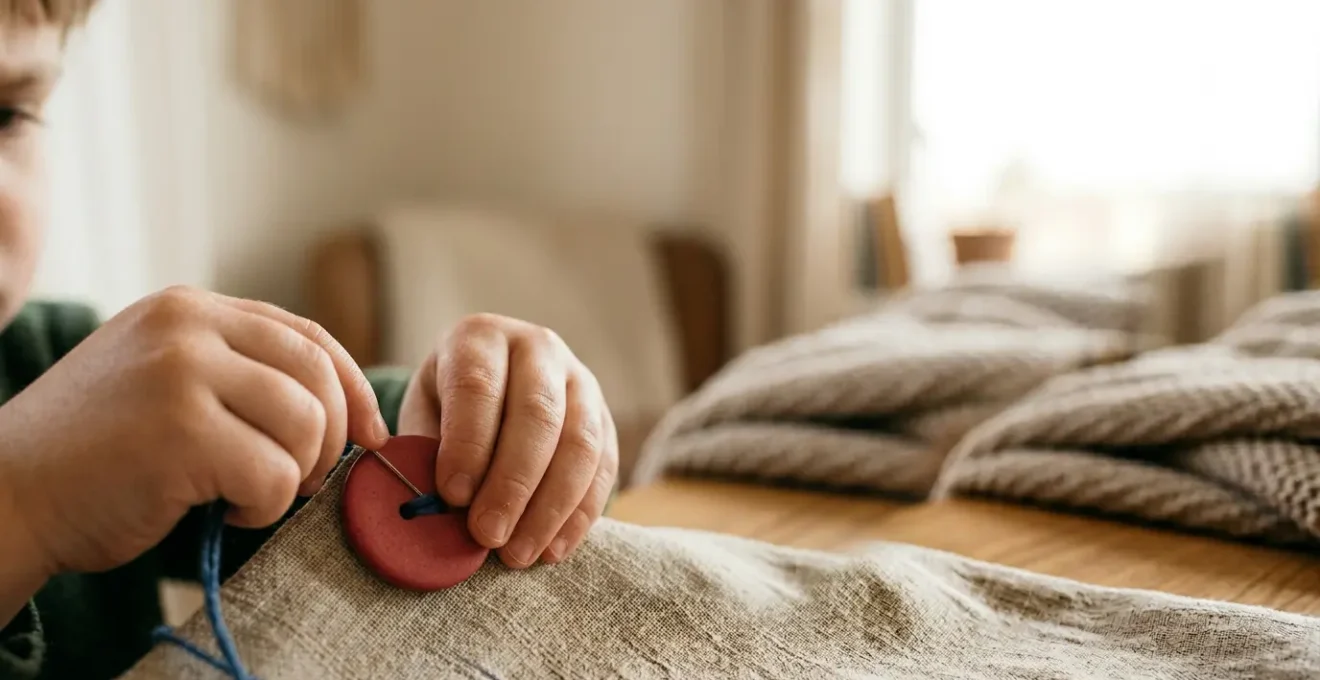 Gros plan des mains d'un jeune enfant en train de manipuler délicatement un bouton coloré sur un vêtement, illustrant l'apprentissage de la motricité fine pour l'autonomie de l'habillage