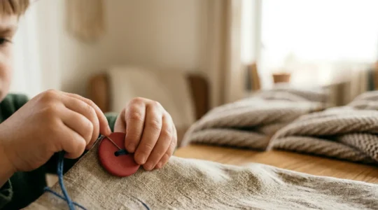 Gros plan des mains d'un jeune enfant en train de manipuler délicatement un bouton coloré sur un vêtement, illustrant l'apprentissage de la motricité fine pour l'autonomie de l'habillage