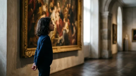 Enfant captivé devant une œuvre dans un musée des Beaux-Arts