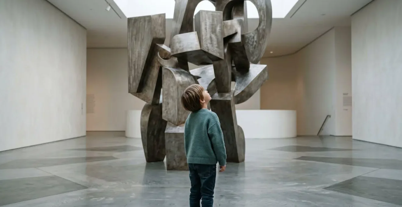 Enfant captivé observant une sculpture dans un musée avec lumière naturelle douce
