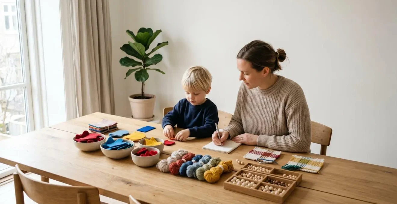 Enfant et parent planifiant ensemble la production de créations artisanales avec un calendrier visuel