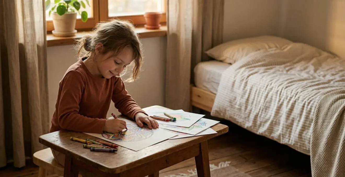 Enfant apaisé pratiquant une activité artistique dans une ambiance sereine avant le coucher