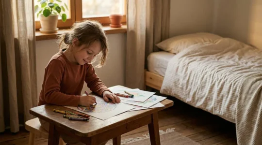 Enfant apaisé pratiquant une activité artistique dans une ambiance sereine avant le coucher