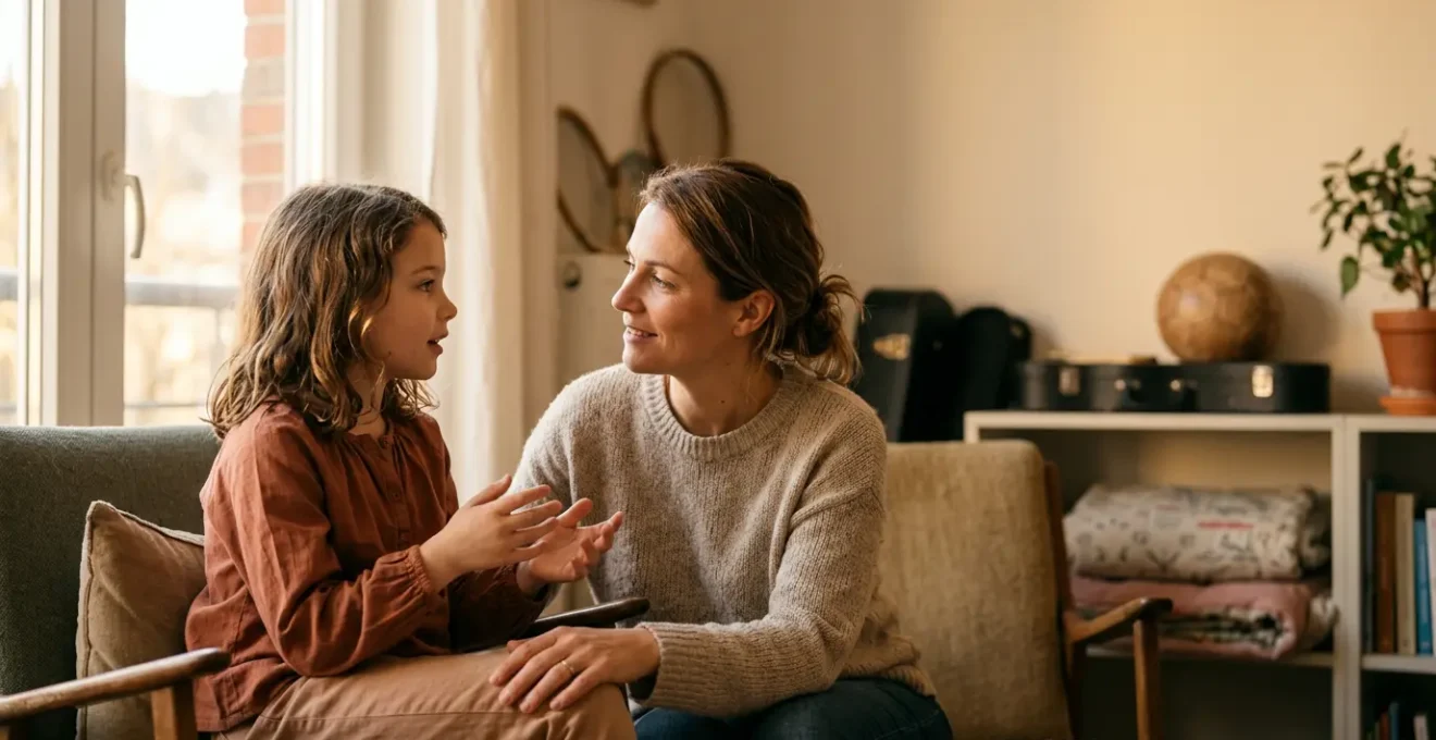 Parent et enfant discutant ensemble du choix d'une activité extrascolaire avec des équipements sportifs et musicaux en arrière-plan