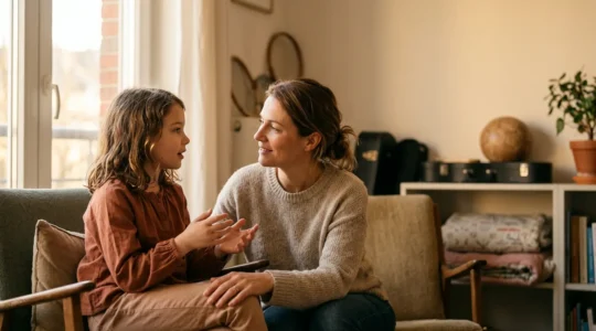 Parent et enfant discutant ensemble du choix d'une activité extrascolaire avec des équipements sportifs et musicaux en arrière-plan