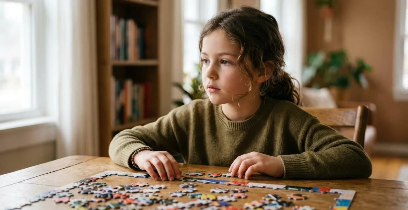 Enfant prenant une pause réflexive face à un défi de casse-tête, expression concentrée