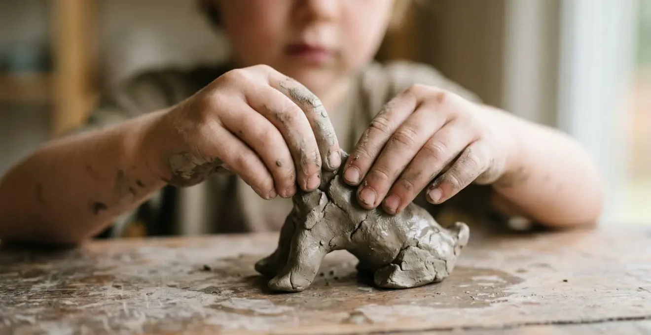 Mains d'enfant manipulant seul une sculpture en argile qui présente des défis d'équilibre, illustrant l'apprentissage par l'expérimentation