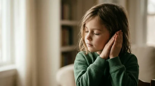 Enfant concentré écoutant les yeux fermés dans une atmosphère paisible