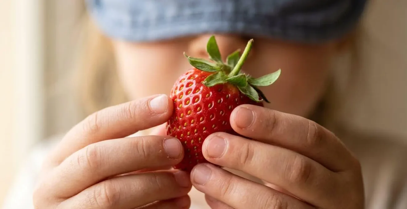 Gros plan sur les mains d'un enfant touchant délicatement un fruit frais les yeux bandés