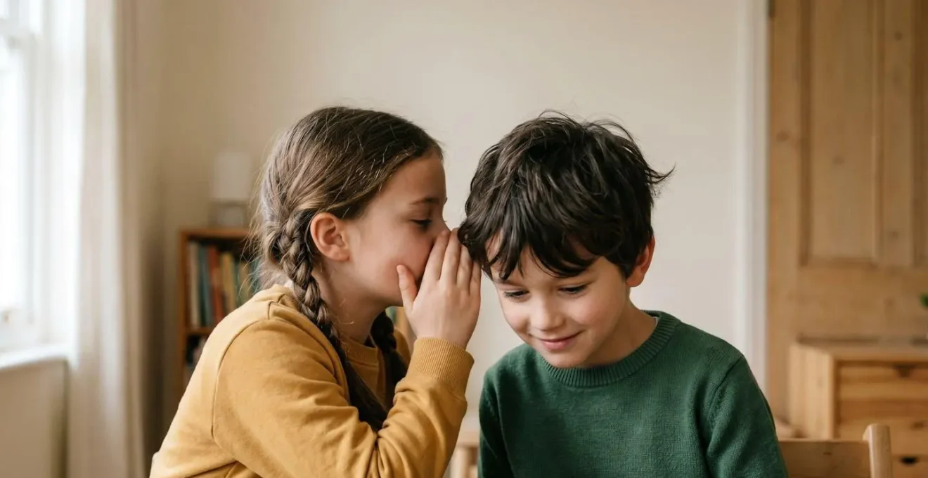 Deux enfants en train de chuchoter face à face dans une atmosphère paisible et concentrée